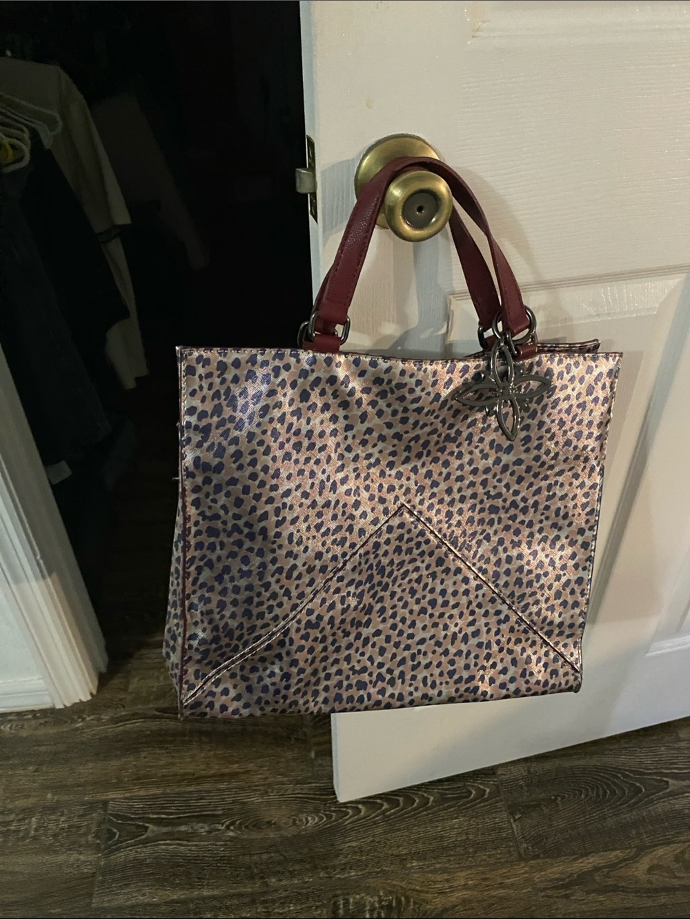 BCBGeneration Mauve Leopard-Print Tote with Burgundy Handles